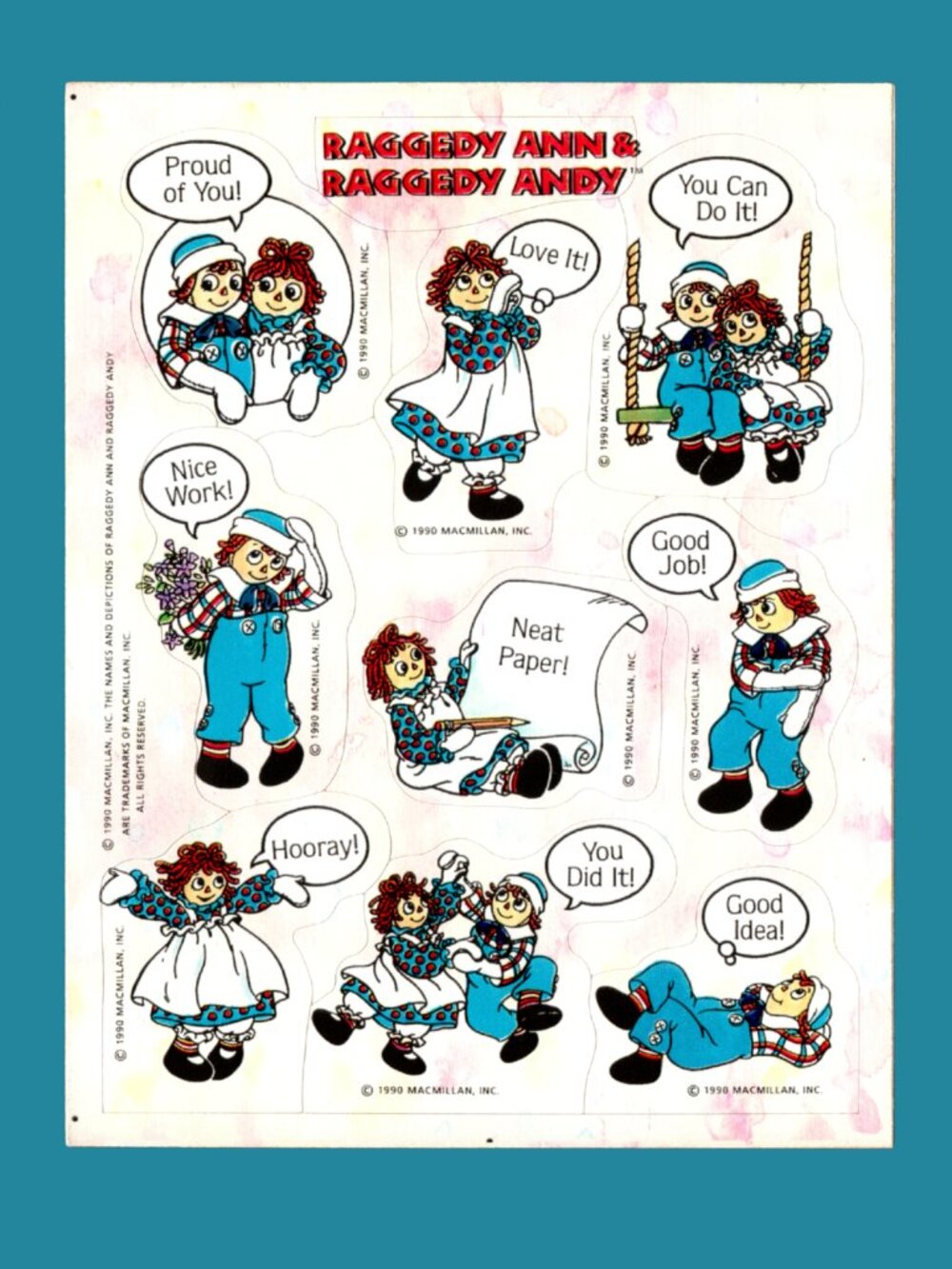 Raggedy Ann & Raggedy Andy Teacher Reward Sticker Sheet (1990s)